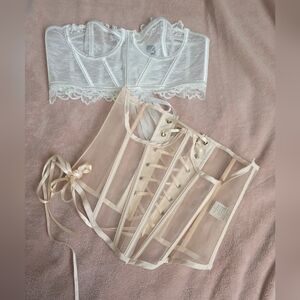 Sheer Blush Satin Ribbon Waist Cincher Corset Set